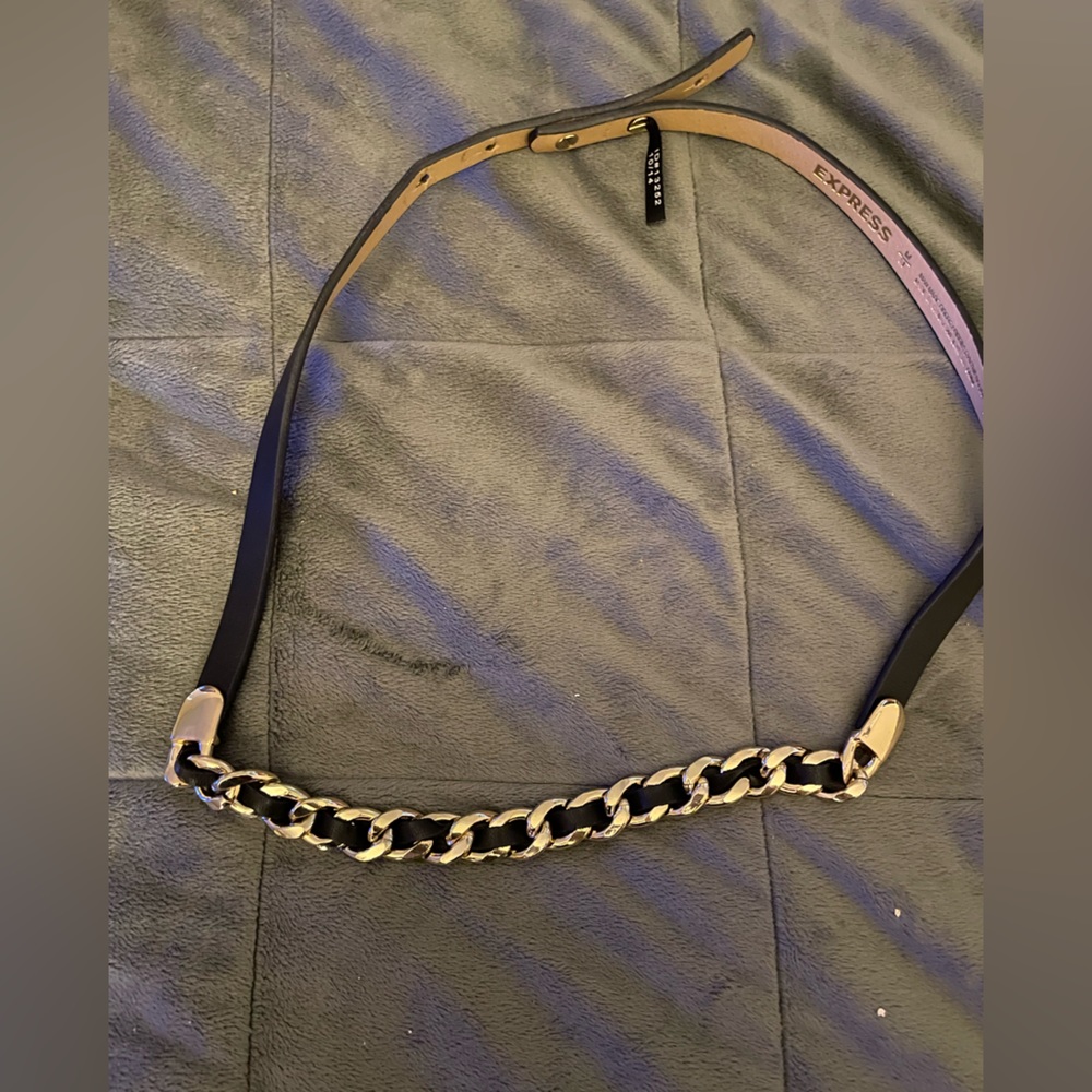 Express black leather chain belt. Size medium.